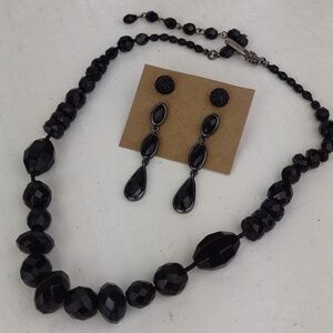 Black Faceted Bead Necklace and 2 Earrings Set